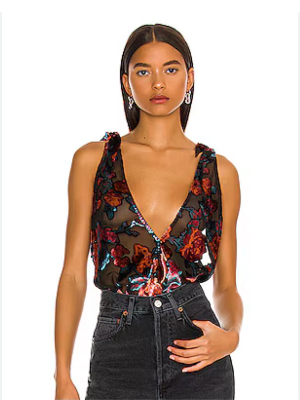 Free People Tied To You Tank Black Sheer Floral V-Neck Camisole